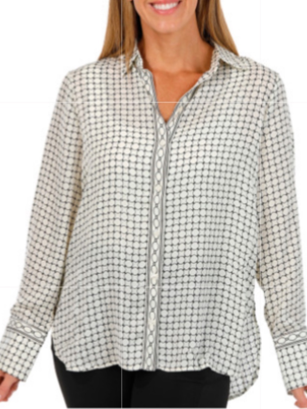 NWT Max Studio Ivory and Black Long Sleeve Button-Down Top Sizes XS, S & M